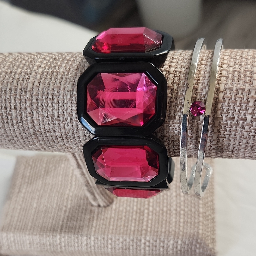 ***Elegant Black and Pink Gemstone Bracelets, Set Of Two.